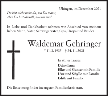 Traueranzeige von Waldemar Gehringer von NWZ Neue Württembergische Zeitung