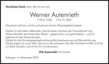 Traueranzeige von Werner Autenrieth von NWZ Neue Württembergische Zeitung