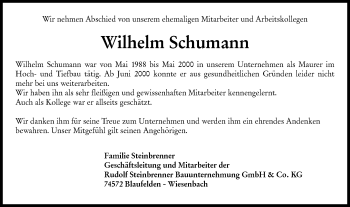 Traueranzeige von Wilhelm Schumann von Hohenloher Tagblatt