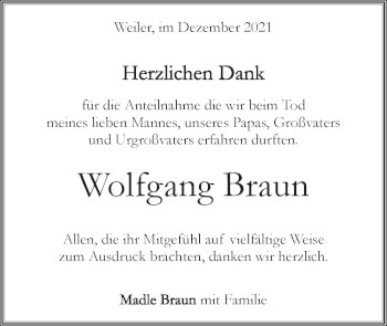 Traueranzeige von Wolfgang Braun von Geislinger Zeitung