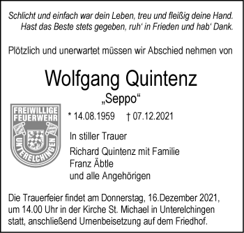 Traueranzeige von Wolfgang Quintenz von SÜDWEST PRESSE Ausgabe Ulm/Neu-Ulm