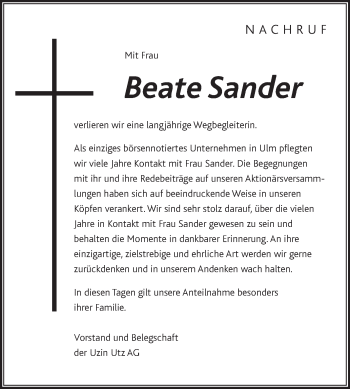 Traueranzeige von Beate Sander von SÜDWEST PRESSE Ausgabe Ulm/Neu-Ulm