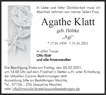 Traueranzeige von Agathe Klatt von Metzinger-Uracher Volksblatt