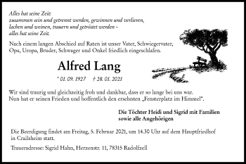 Traueranzeige von Alfred Lang von Hohenloher Tagblatt