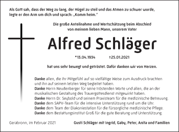 Traueranzeige von Alfred Schläger von Hohenloher Tagblatt