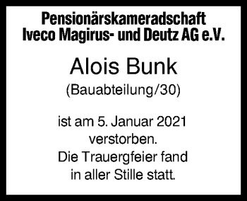 Traueranzeige von Alois Bunk von SÜDWEST PRESSE Ausgabe Ulm/Neu-Ulm