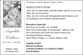 Traueranzeige von Angelika Krähmer von SÜDWEST PRESSE Ausgabe Ulm/Neu-Ulm