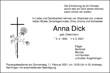 Traueranzeige von Anna Dick von SÜDWEST PRESSE Ausgabe Ulm/Neu-Ulm