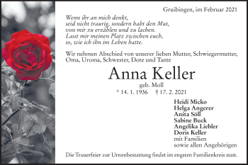 Traueranzeige von Anna Keller von NWZ Neue Württembergische Zeitung/Geislinger Zeitung