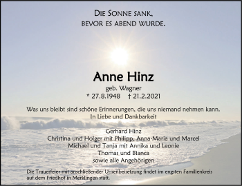 Traueranzeige von Anne Hinz von SÜDWEST PRESSE Ausgabe Ulm/Neu-Ulm