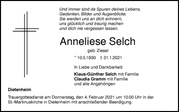 Traueranzeige von Anneliese Selch von Illertal Bote