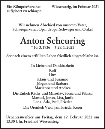 Traueranzeige von Anton Scheuring von Geislinger Zeitung