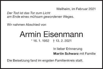 Traueranzeige von Armin Eisenmann von NWZ Neue Württembergische Zeitung