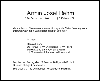 Traueranzeige von Armin Josef Rehm von SÜDWEST PRESSE Ausgabe Ulm/Neu-Ulm