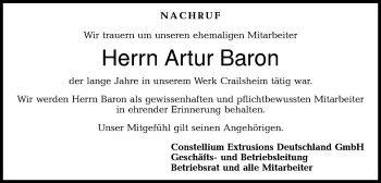 Traueranzeige von Artur Baron von Hohenloher Tagblatt