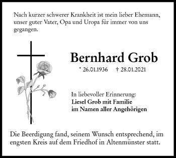 Traueranzeige von Bernhard Grob von Hohenloher Tagblatt