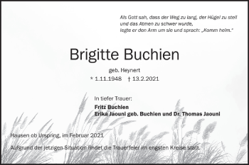 Traueranzeige von Brigitte Buchien von Ehinger Tagblatt