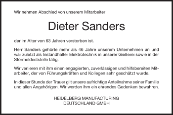 Traueranzeige von Dieter Sanders von Geislinger Zeitung