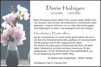 Traueranzeige von Doris Habiger von Haller Tagblatt