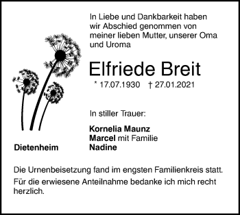 Traueranzeige von Elfriede Breit von Illertal Bote