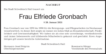 Traueranzeige von Elfriede Gronbach von Haller Tagblatt