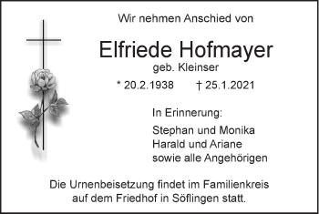 Traueranzeige von Elfriede Hofmayer von SÜDWEST PRESSE Ausgabe Ulm/Neu-Ulm