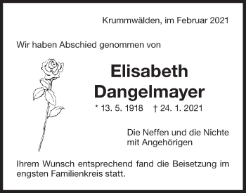 Traueranzeige von Elisabeth Dangelmayer von NWZ Neue Württembergische Zeitung