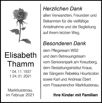 Traueranzeige von Elisabeth Thamm von Hohenloher Tagblatt