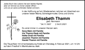 Traueranzeige von Elisabeth Thamm von Hohenloher Tagblatt