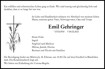 Traueranzeige von Emil Gehringer von Hohenloher Tagblatt