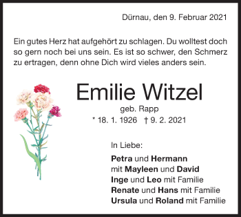 Traueranzeige von Emilie Witzel von NWZ Neue Württembergische Zeitung