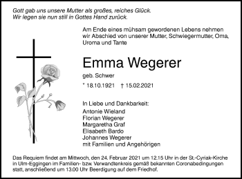 Traueranzeige von Emma Wegerer von SÜDWEST PRESSE Ausgabe Ulm/Neu-Ulm