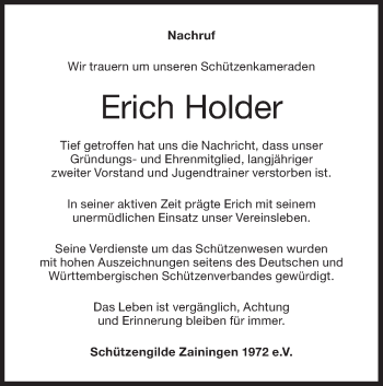 Traueranzeige von Erich Holder von Alb-Bote/Metzinger-Uracher Volksblatt