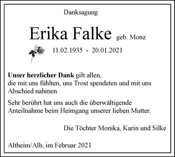 Traueranzeige von Erika Falke von SÜDWEST PRESSE Ausgabe Ulm/Neu-Ulm