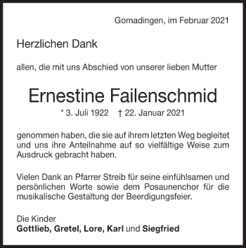 Traueranzeige von Ernestine Failenschmid von Alb-Bote/Metzinger-Uracher Volksblatt