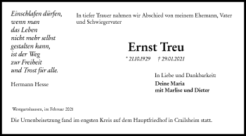 Traueranzeige von Ernst Treu von Hohenloher Tagblatt