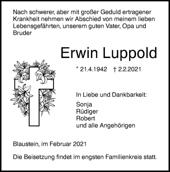 Traueranzeige von Erwin Luppold von SÜDWEST PRESSE Ausgabe Ulm/Neu-Ulm