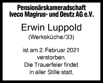 Traueranzeige von Erwin Luppold von SÜDWEST PRESSE Ausgabe Ulm/Neu-Ulm