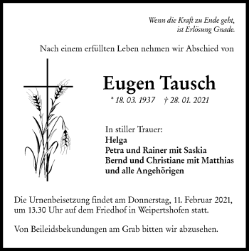 Traueranzeige von Eugen Tausch von Hohenloher Tagblatt