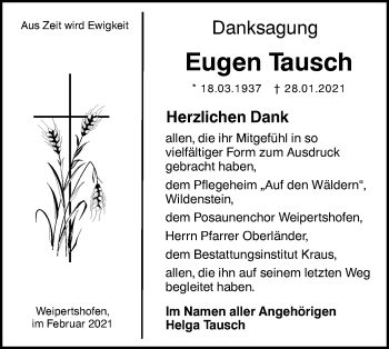 Traueranzeige von Eugen Tausch von Hohenloher Tagblatt