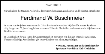 Traueranzeige von Ferdinand W. Buschmeier von Hohenloher Tagblatt