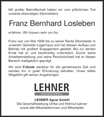 Traueranzeige von Franz Bernhard Losleben von NWZ Neue Württembergische Zeitung