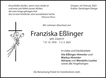 Traueranzeige von Franziska Eßlinger von Geislinger Zeitung