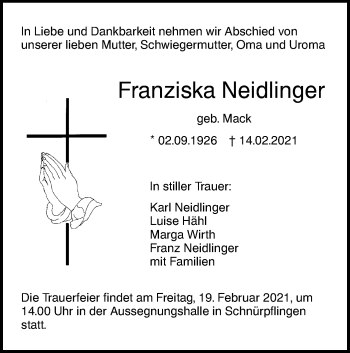 Traueranzeige von Franziska Neidlinger von SÜDWEST PRESSE Ausgabe Ulm/Neu-Ulm