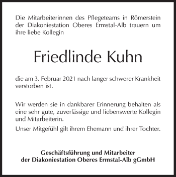 Traueranzeige von Friedlinde Kuhn von Metzinger-Uracher Volksblatt