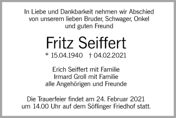 Traueranzeige von Fritz Seiffert von SÜDWEST PRESSE Ausgabe Ulm/Neu-Ulm