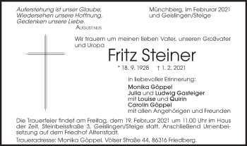 Traueranzeige von Fritz Steiner von Geislinger Zeitung