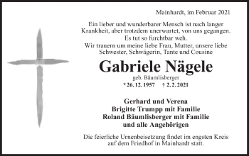 Traueranzeige von Gabriele Nägele von Haller Tagblatt