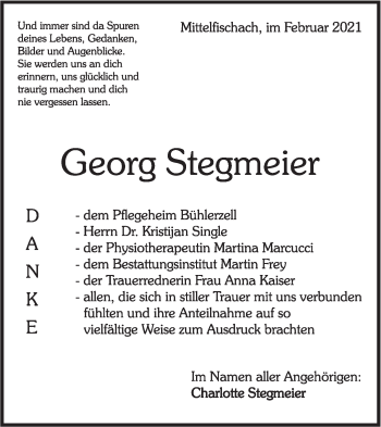 Traueranzeige von Georg Stegmeier von Haller Tagblatt