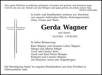 Traueranzeige von Gerda Wagner von Haller Tagblatt